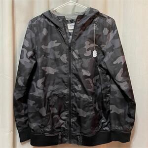Old Navy Black and Gray Camo Rain Jacket with Hood kids XL